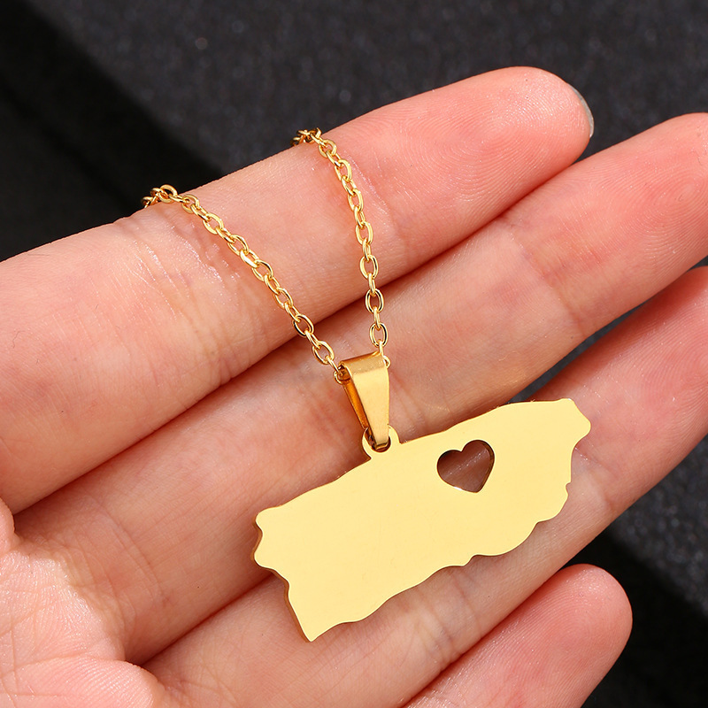 New Design Non Tarnish Puerto Rico Map Pendent Necklace High Quality 18k Gold Stainless Steel Jewelry