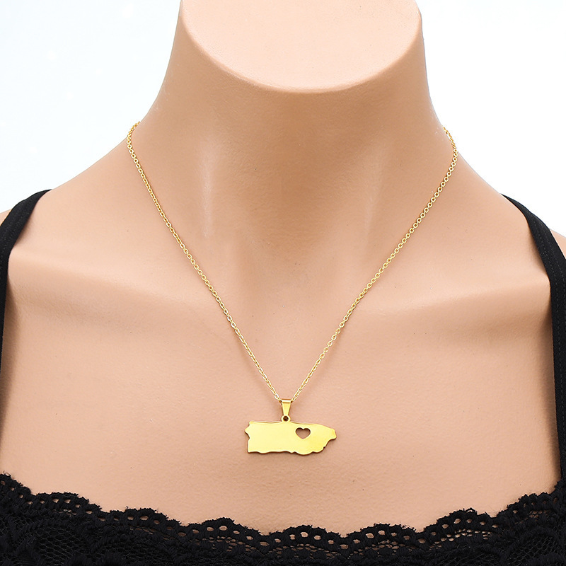 New Design Non Tarnish Puerto Rico Map Pendent Necklace High Quality 18k Gold Stainless Steel Jewelry