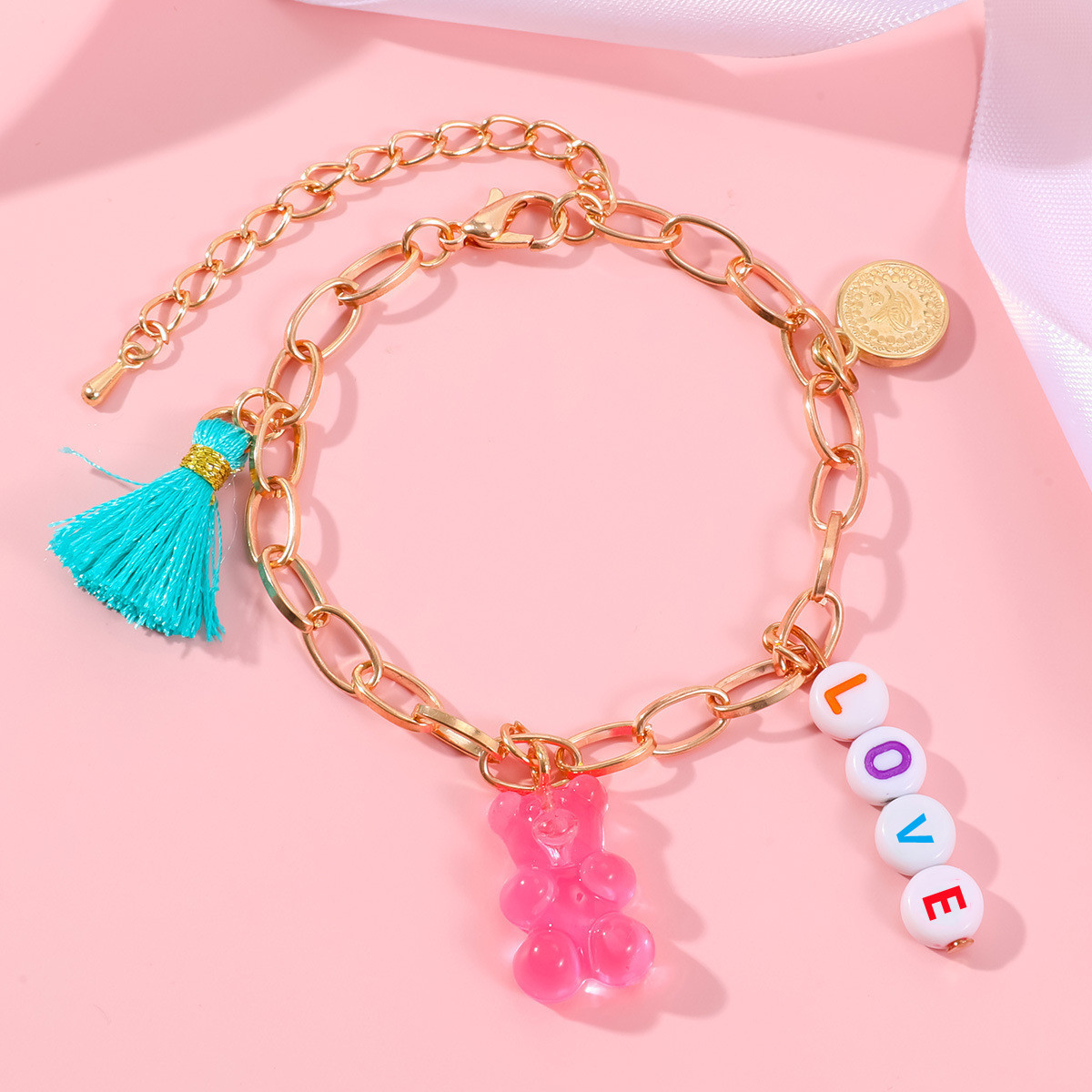 Custom Letter Gold Cuban Link Chain Bracelet With Enamel Rainbow Flower Polymer Clay Charm Cute Gummy Bear Pearl Beads Bracelet