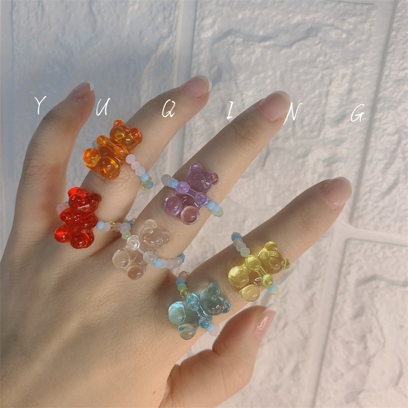 Korean New Trendy Colorful Crystal Beaded Adjustable Rings Cute Pastel Resin Gummy Bear Finger Rings Jewelry Women