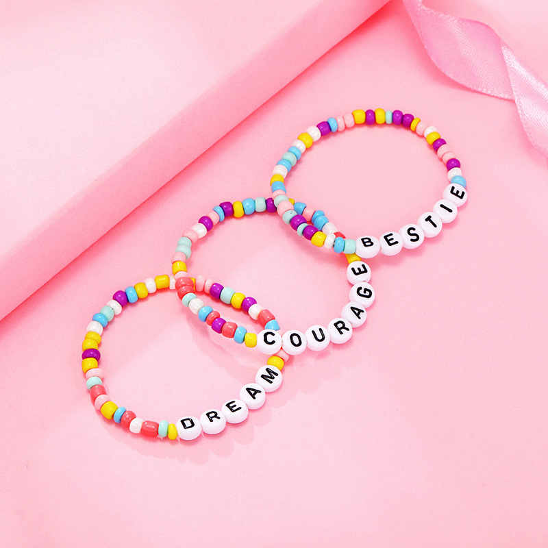 Fashion Sweet Girls Kids Rainbow Color Bracelet Gifts Handmade Cute Word Letter Elastic Friendship Bracelets