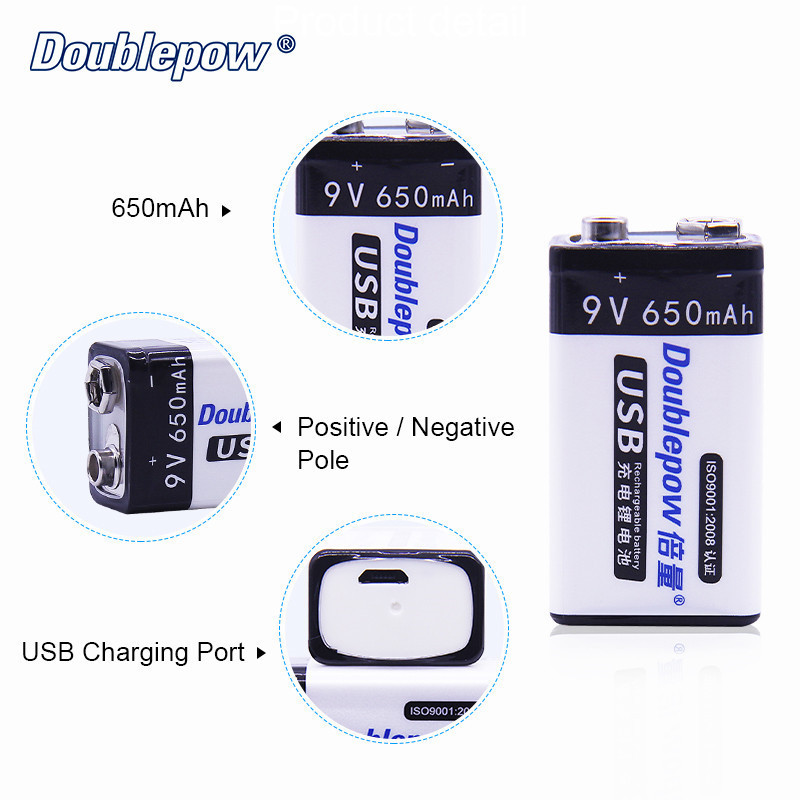 New 9V 650mAh Prismatic Size Lithium Ion Rechargeable USB Charging Battery Smoke Detectors Electronic Instruments Toys