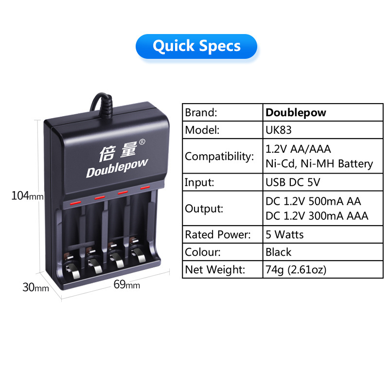 Doublepow UK83 USB LED Intelligent Rapid Charger for 1.2V AA/AAA Ni-MH/Ni-CD Rechargeable Battery