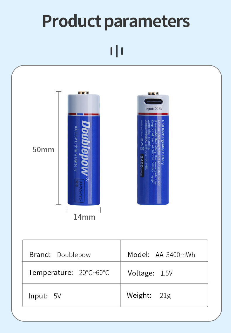 DC 1. 5v battery1.5v 3400mwh 2400mwh 1000mwh Lithium Li-Ion  Usb Rechargeable Li Ion AA Battery