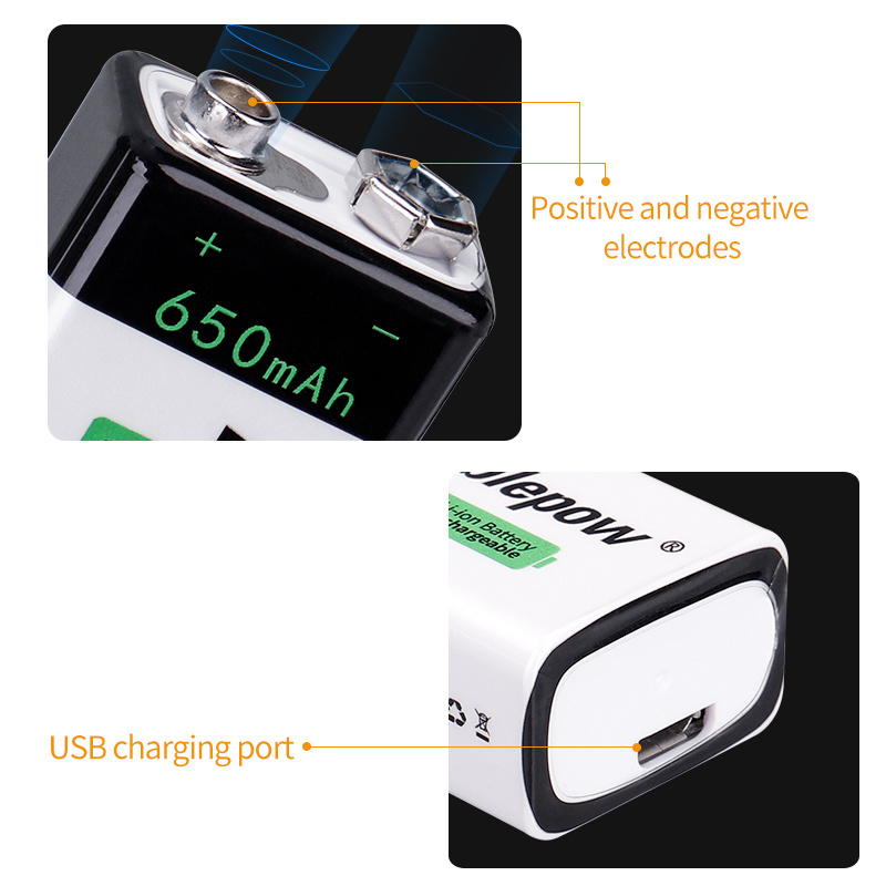 Bulk Size PP3 6LR61 006P 6F22 USB Rechargeable 9 volt 650mAh lithium ion li-ion Batteries