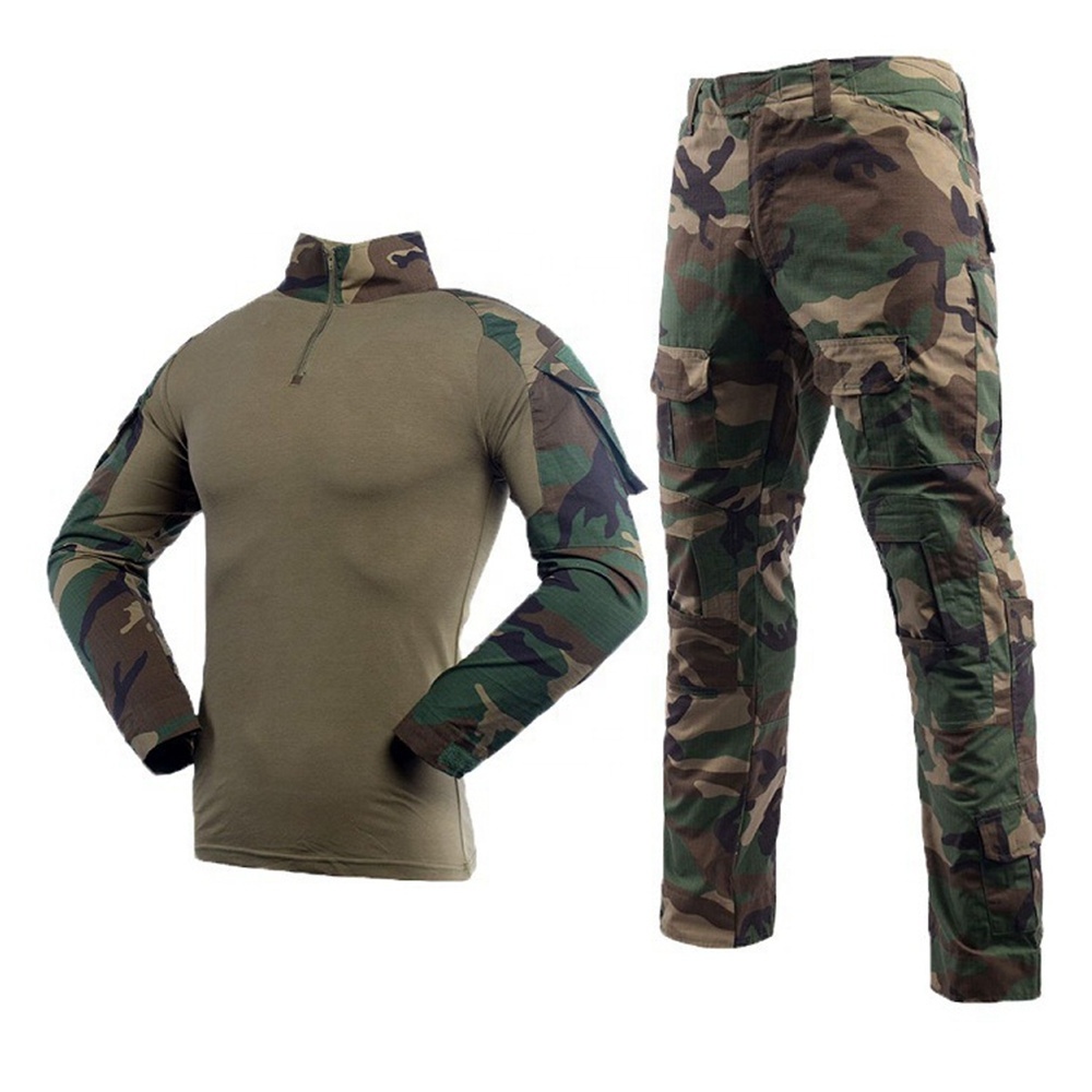 Double Safe Custom woodland camouflage long sleeve tactical  shirt g3 tactical pants uniform security frog suit