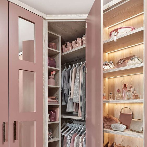 Pink wardrobe for children solid wood lacquer shaker closet cabinet with mirror and shoes cabinets