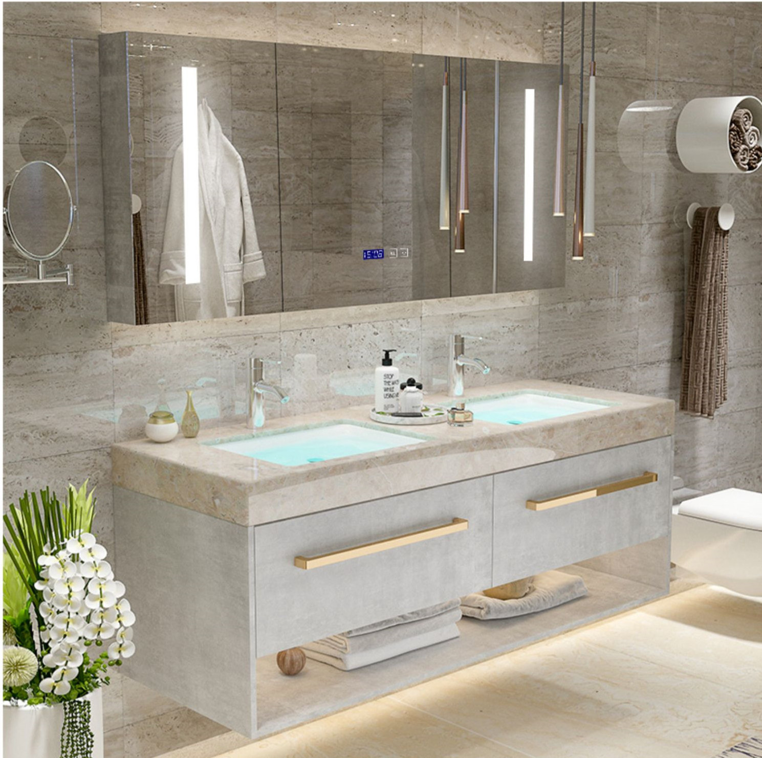 High end wall mounted modern luxury bathroom vanity design with long gold handle