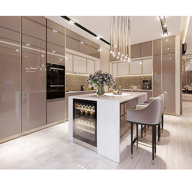 Luxury Rose Golden High Glossy Designs Doors Modern Custom Kitchen Cabinets With Glass Island