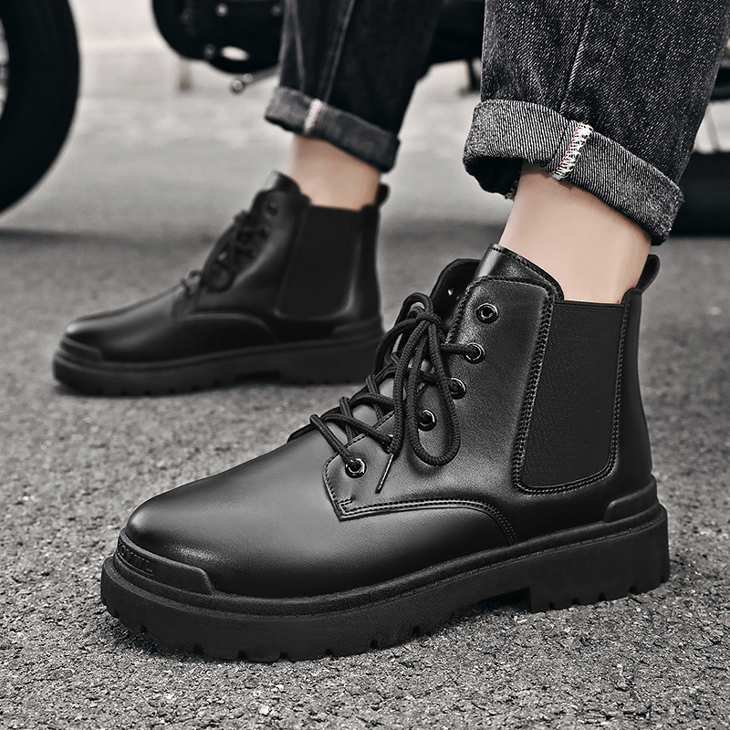 Black Classic Lace-up Motorcycle Boots Slip On Chelsea Style Martin Boots For Men Shoes