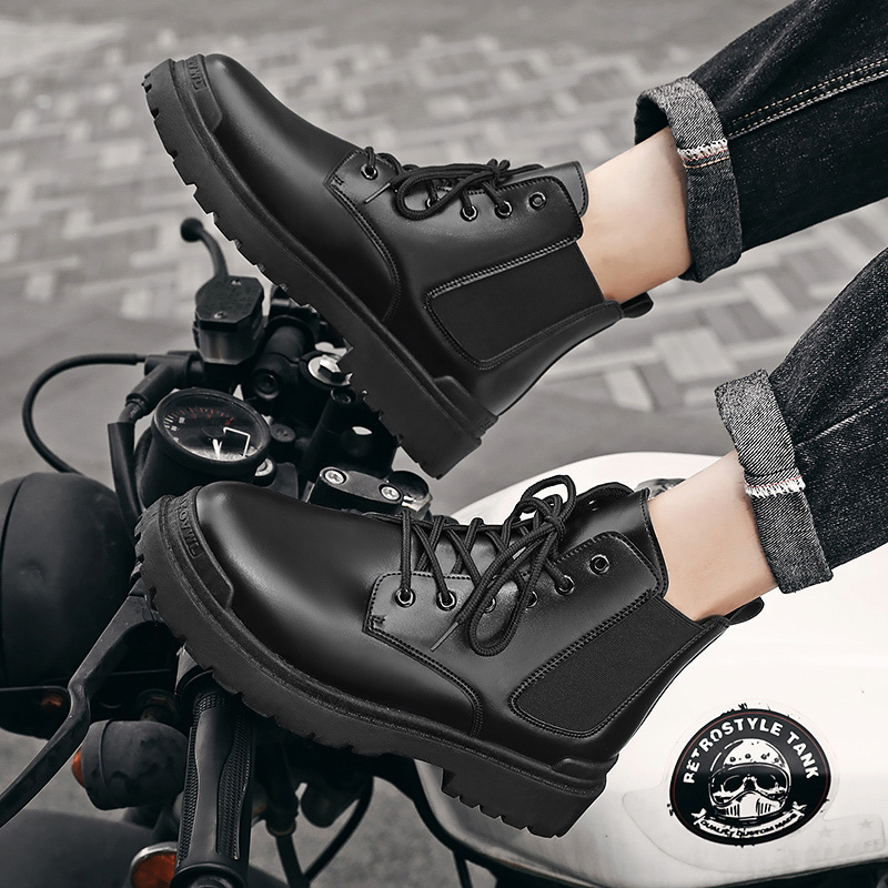 Black Classic Lace-up Motorcycle Boots Slip On Chelsea Style Martin Boots For Men Shoes