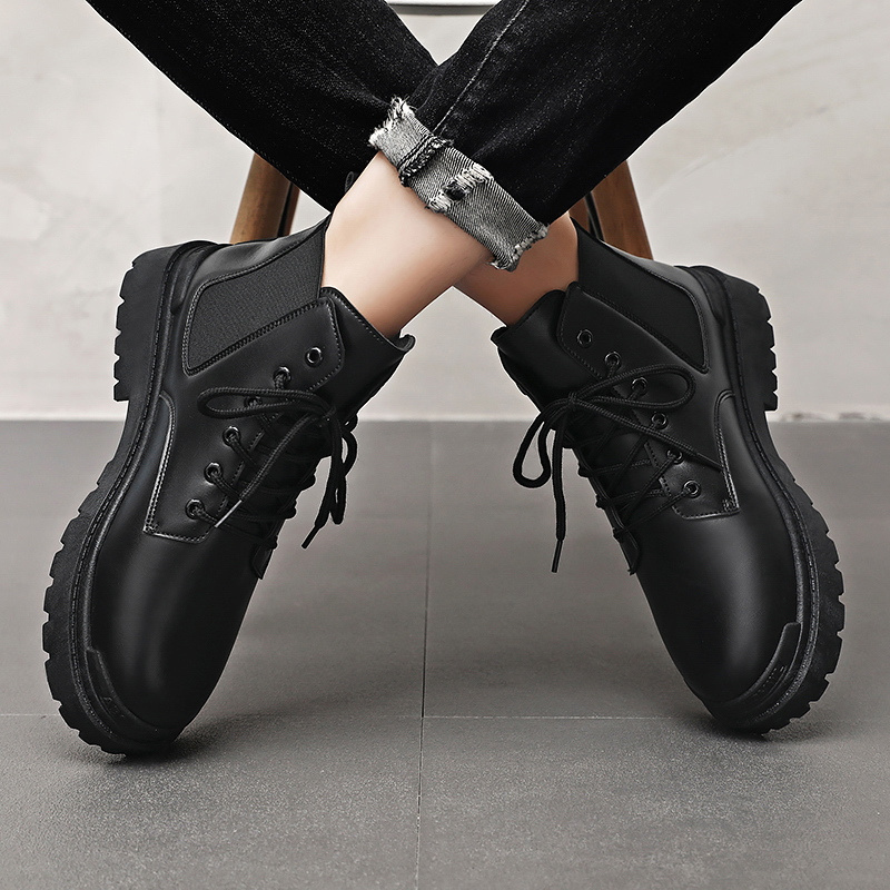 Black Classic Lace-up Motorcycle Boots Slip On Chelsea Style Martin Boots For Men Shoes