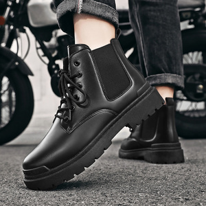 Black Classic Lace-up Motorcycle Boots Slip On Chelsea Style Martin Boots For Men Shoes