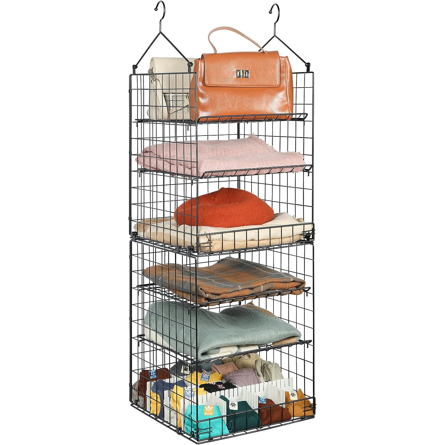 6 Tier Separable Adjustable Foldable Hanging Closet Organizers and Storage Basket Hanging Clothes Shelves with Adjustable Divide