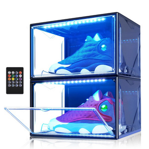 Foldable Shoe Boxes Rack Clear Plastic Stackable Containers Bins Holder Magnetic Sneaker Shoe Storage Organizer with LED Lights