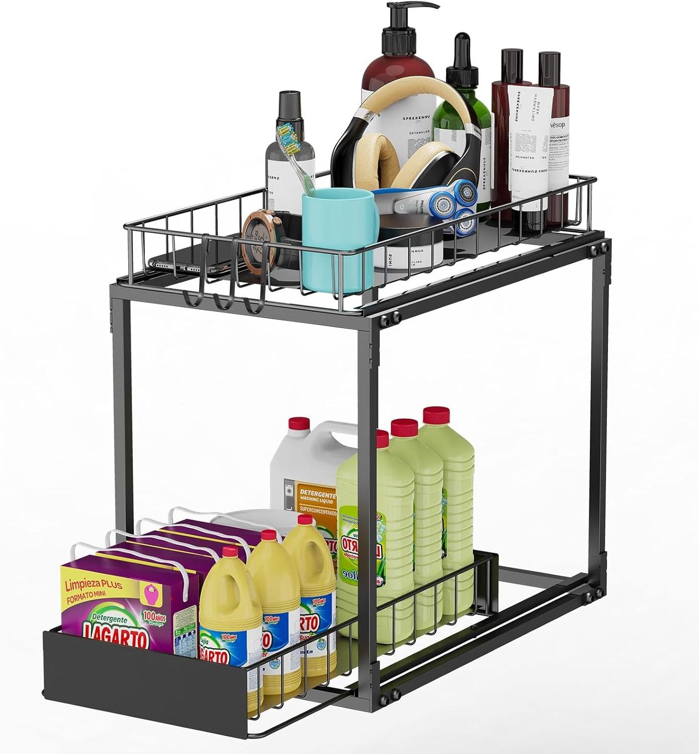 Pull Out Cabinet Shelves Organizer 2 Tier Slide Out Undersink Shelf Multi-Purpose Organization and Storage Shelf