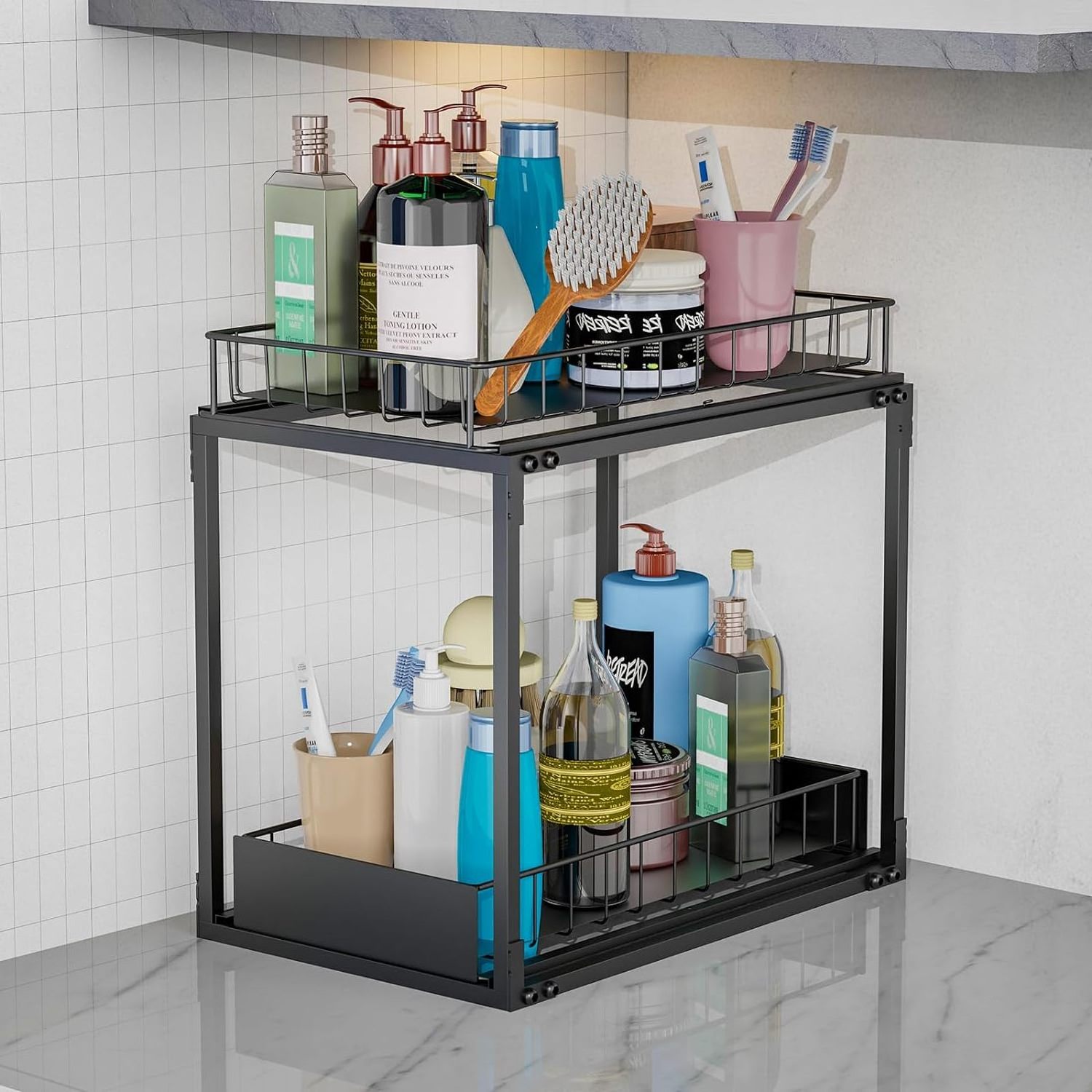 Pull Out Cabinet Shelves Organizer 2 Tier Slide Out Undersink Shelf Multi-Purpose Organization and Storage Shelf