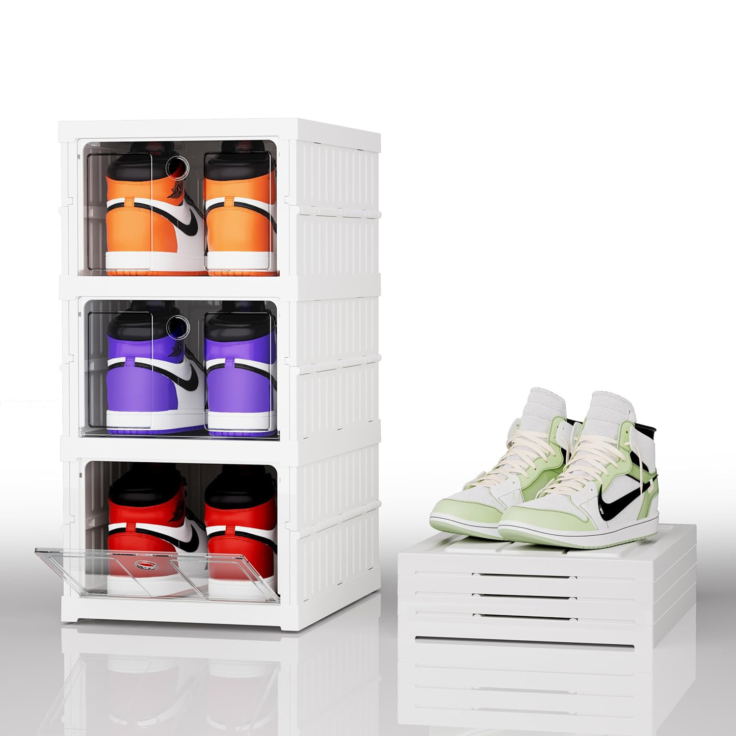 Clear Shoe Storage All-in-one Sturdy Plastic Stackable Shoe Boxes Assemble-Free Space Saving Sneaker Shoe Organizer