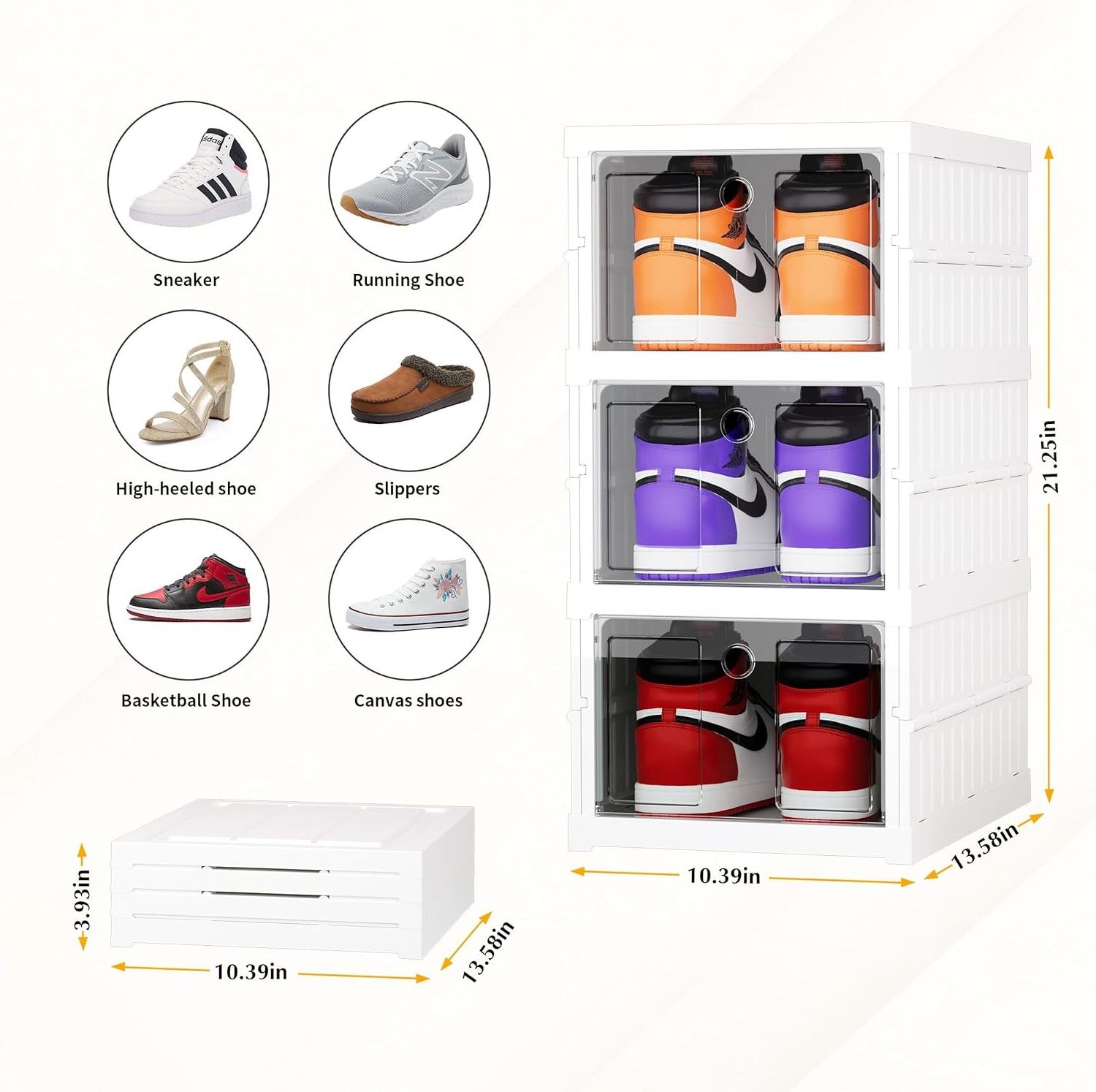 Clear Shoe Storage All-in-one Sturdy Plastic Stackable Shoe Boxes Assemble-Free Space Saving Sneaker Shoe Organizer