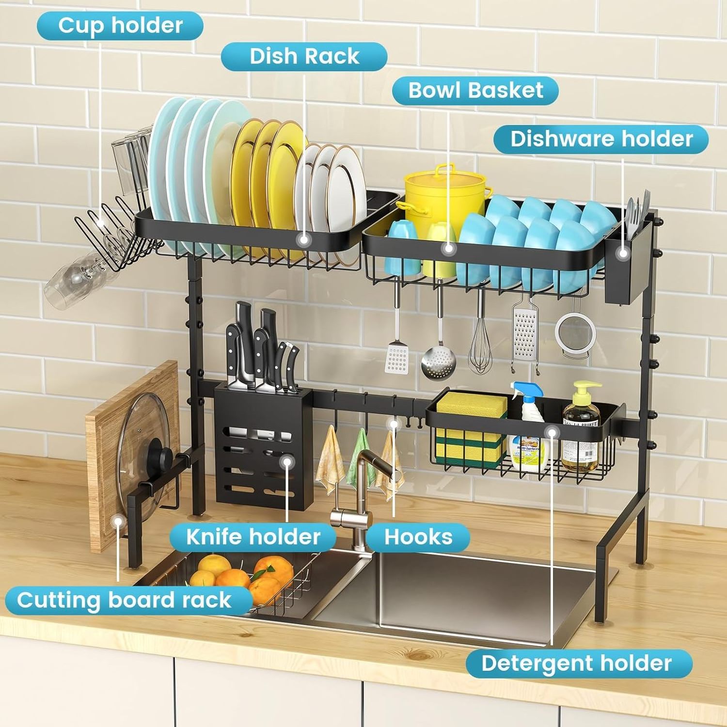 2 Tier Dish Rack Over Sink Multiple Baskets Utensil Holder Cup Holder Dish Drying Rack Adjustable Length