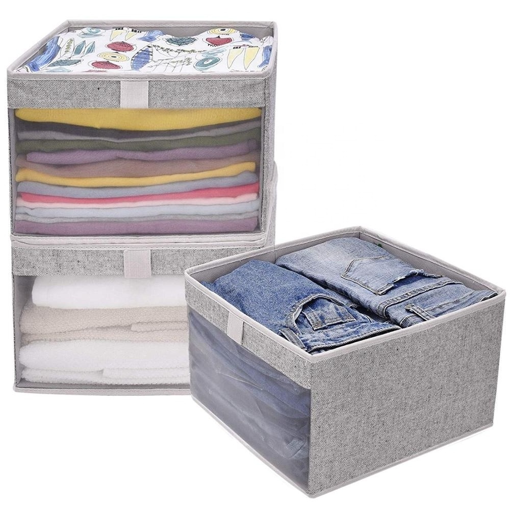 Cotton Fabric Bins Foldable Storage Basket Organizer Closet Storage Boxes for Shelves with Clear Window