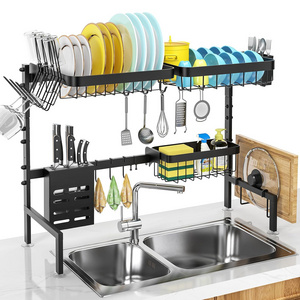 2 Tier Dish Rack Over Sink Multiple Baskets Utensil Holder Cup Holder Dish Drying Rack Adjustable Length