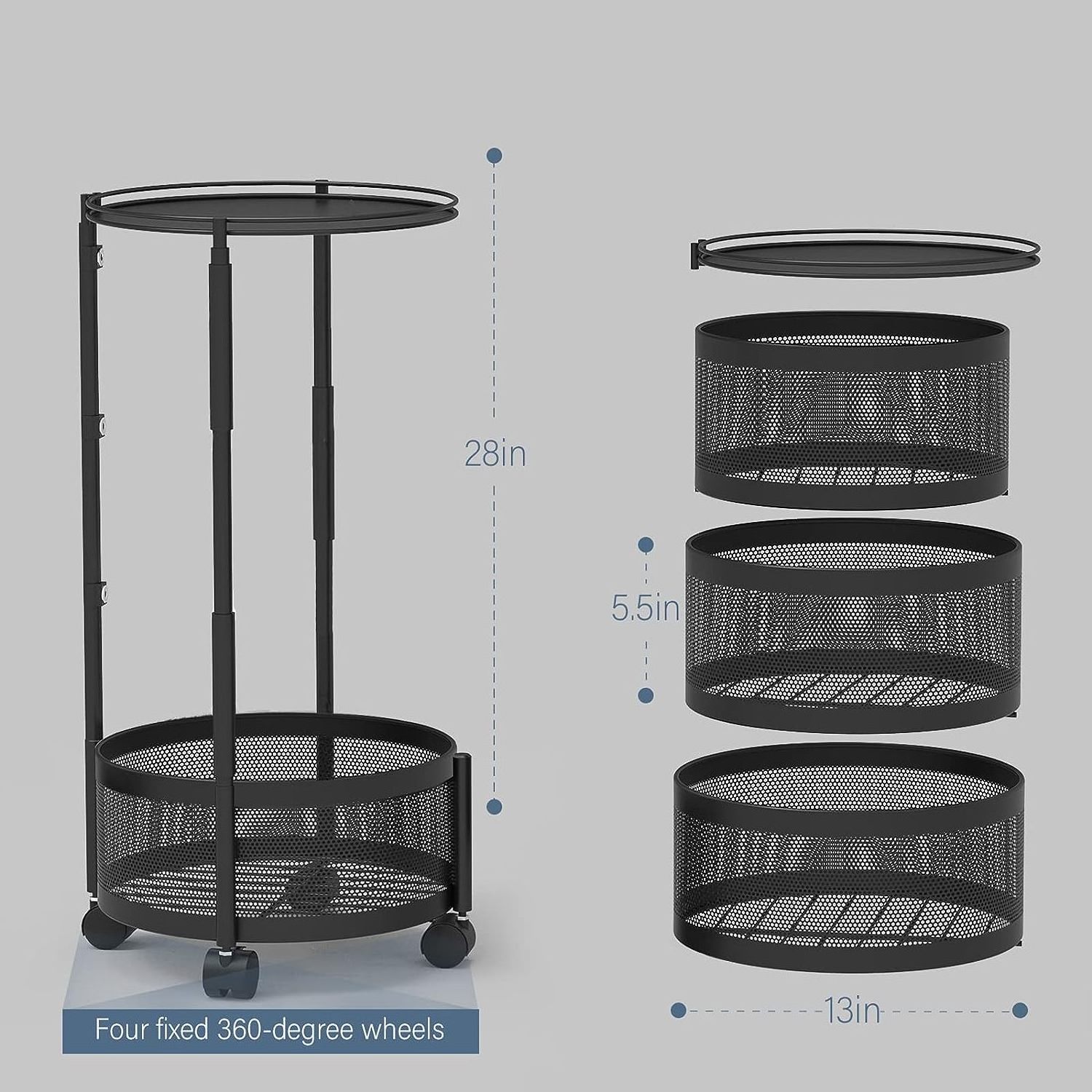 Kitchen Storage Cart Space Saver 4 Tier Fruit and Vegetable Storage Rotating Storage Rack with Wheels