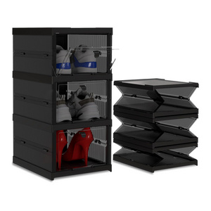 Solid Plastic Foldable Sneaker Shoe Storage Boxes All-in-One Black Space Saving Shoe Boxes Organizer