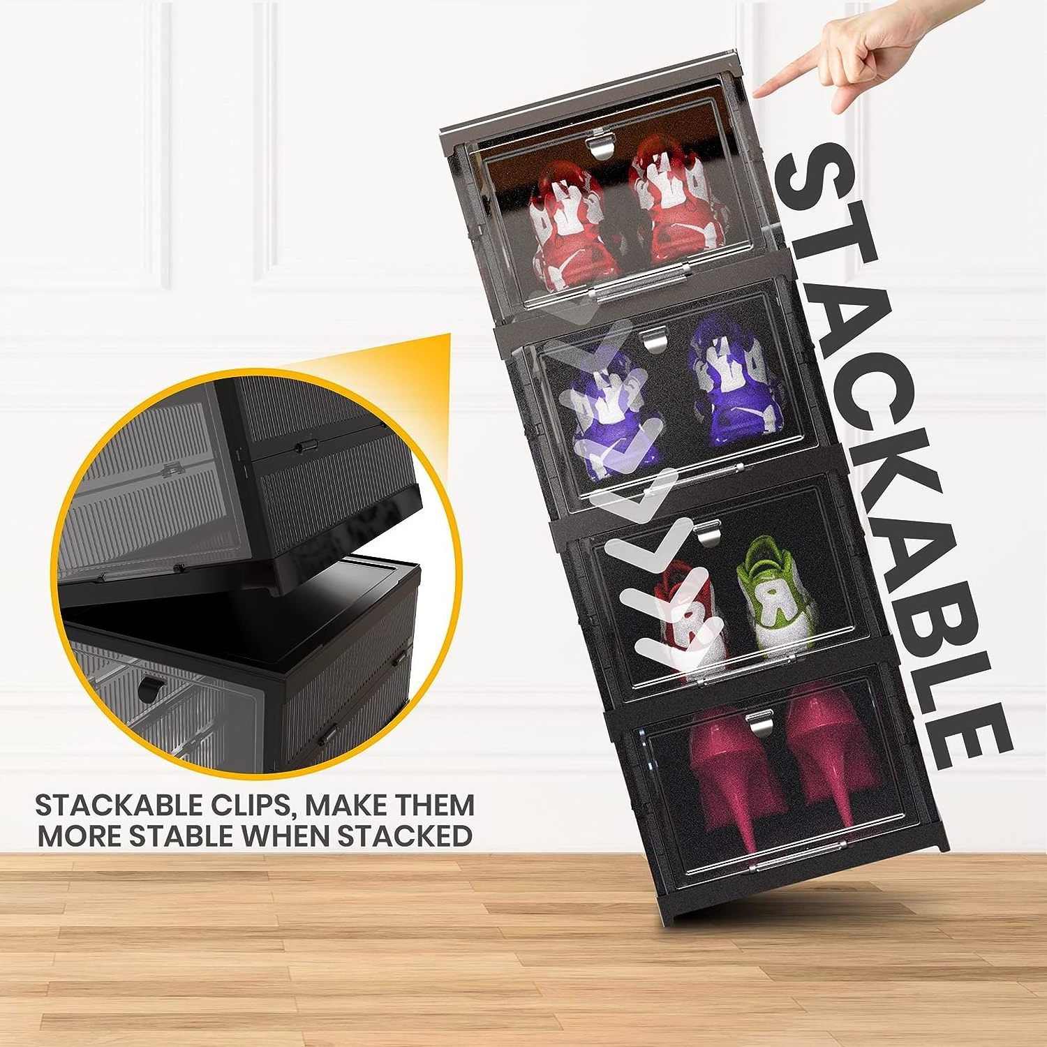 Solid Plastic Foldable Sneaker Shoe Storage Boxes All-in-One Black Space Saving Shoe Boxes Organizer