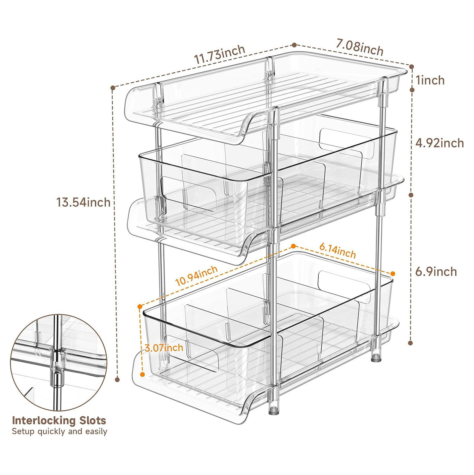 3 Tier Clear Bathroom Organizer with Dividers Multi-Purpose Pull-Out Pantry Under Sink Closet Organizers