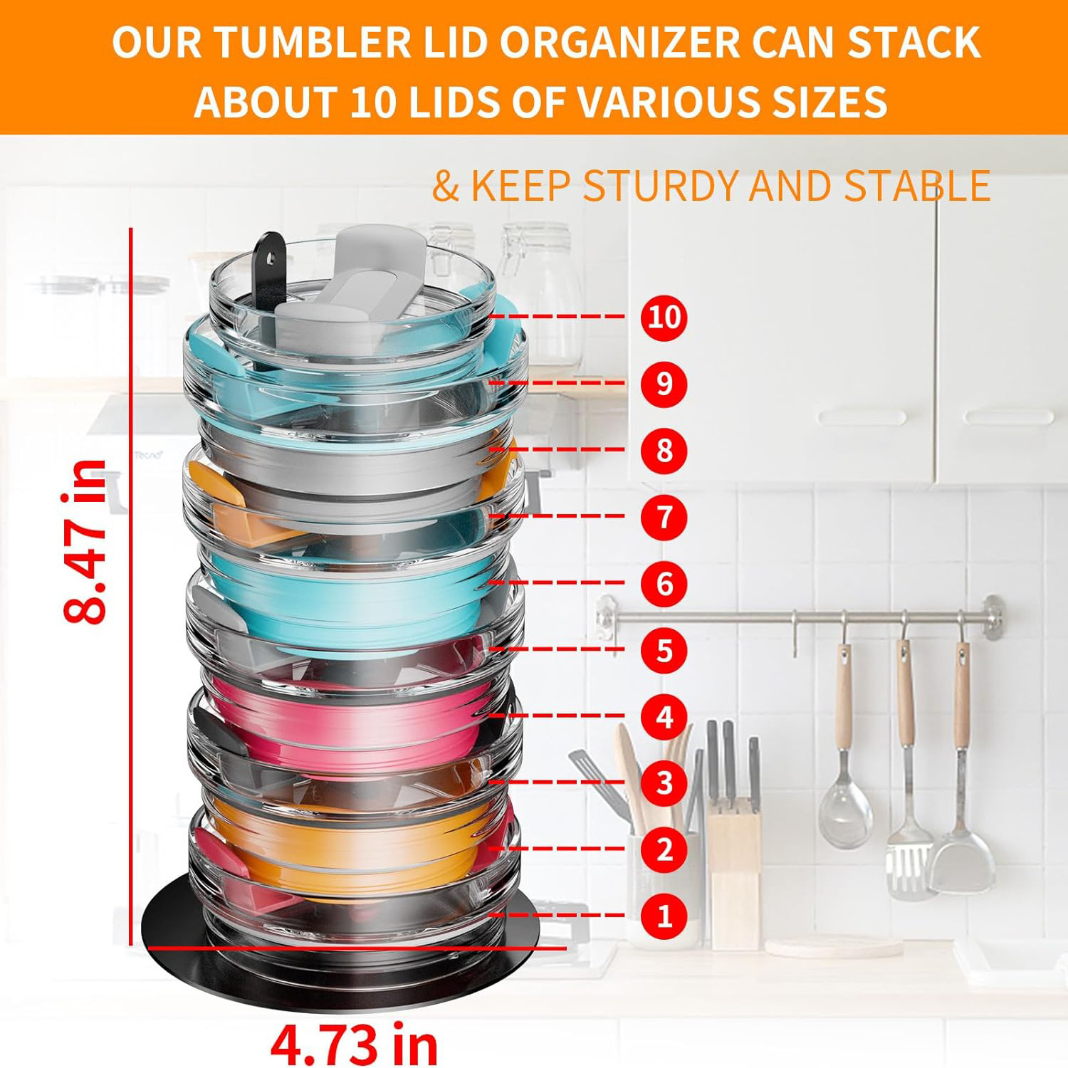 Kitchen Cabinet Organization Stainless Steel Detachable Vertical Storage Up to 20 Cup Tumbler Lid Organizer