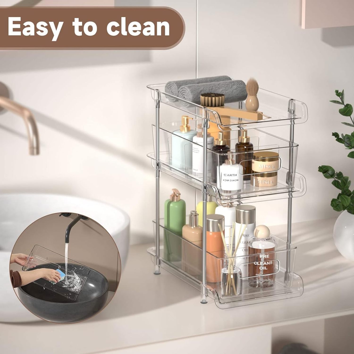 3 Tier Clear Bathroom Organizer with Dividers Multi-Purpose Pull-Out Pantry Under Sink Closet Organizers