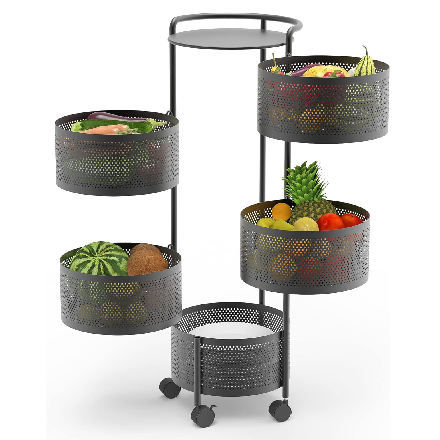 Rotating Fruit Basket 5 Layer Metal Sturdy Kitchen Storage Rack Shelf Carts With Rolling Wheels