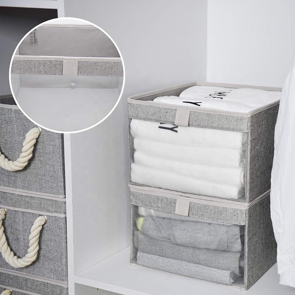 Cotton Fabric Bins Foldable Storage Basket Organizer Closet Storage Boxes for Shelves with Clear Window