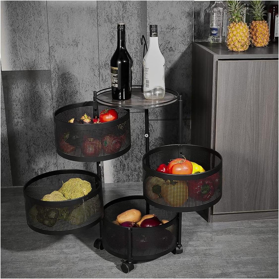 Kitchen Storage Cart Space Saver 4 Tier Fruit and Vegetable Storage Rotating Storage Rack with Wheels