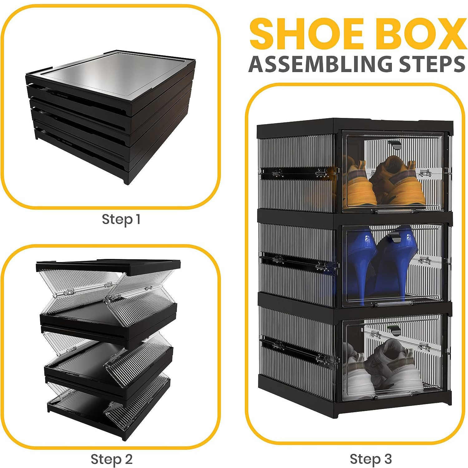 Solid Plastic Foldable Sneaker Shoe Storage Boxes All-in-One Black Space Saving Shoe Boxes Organizer