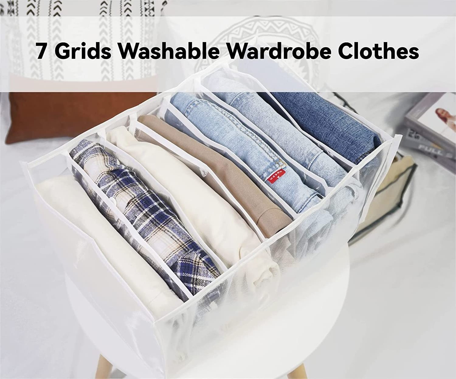 7 Grids Washable Wardrobe Clothes Organizer Foldable Visible Grid Storage Box with Multiple Layers Jeans Organizer