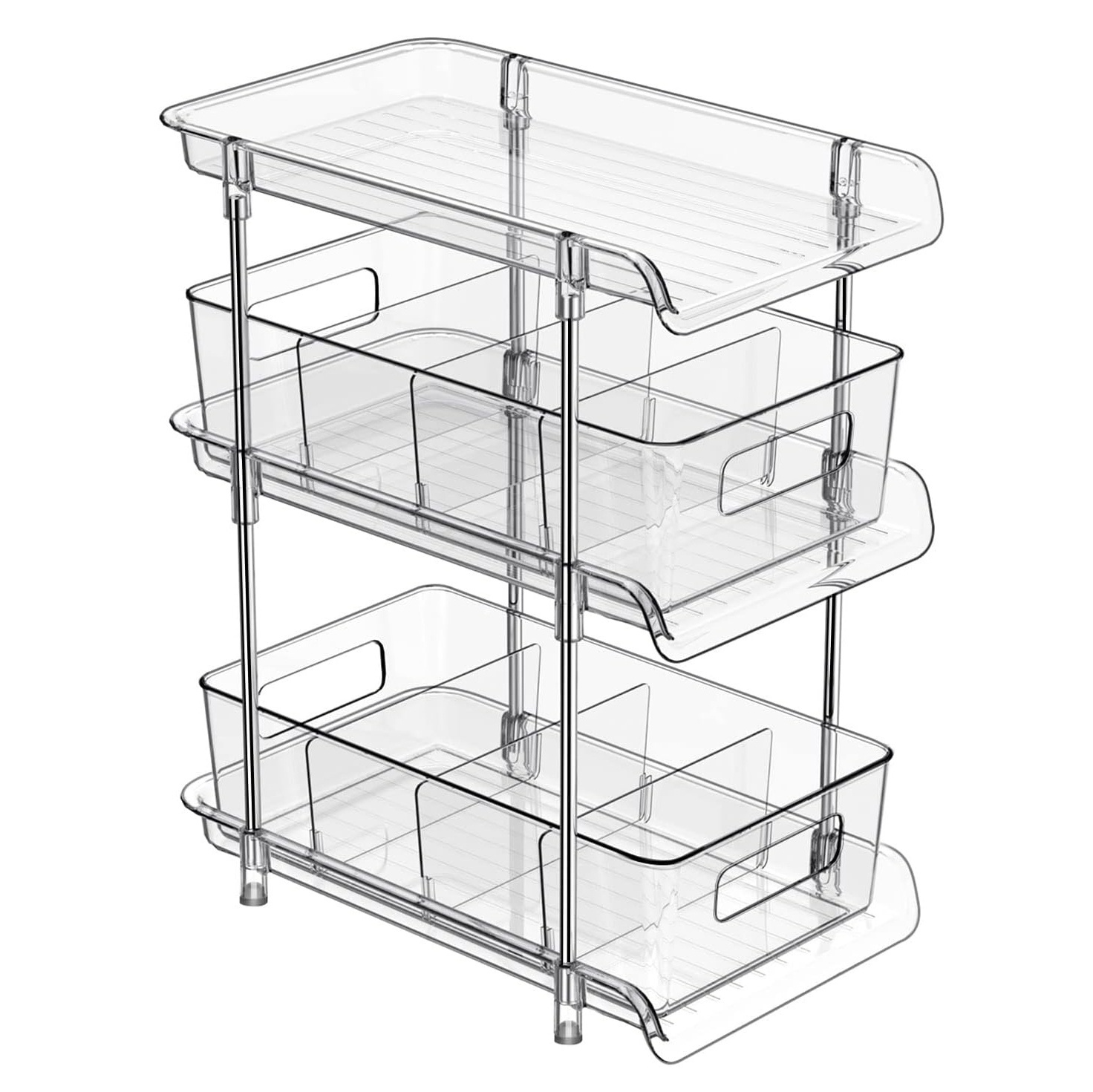 3 Tier Clear Bathroom Organizer with Dividers Multi-Purpose Pull-Out Pantry Under Sink Closet Organizers