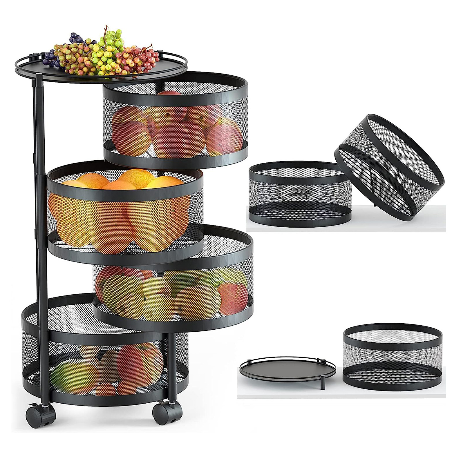 Kitchen Storage Cart Space Saver 4 Tier Fruit and Vegetable Storage Rotating Storage Rack with Wheels