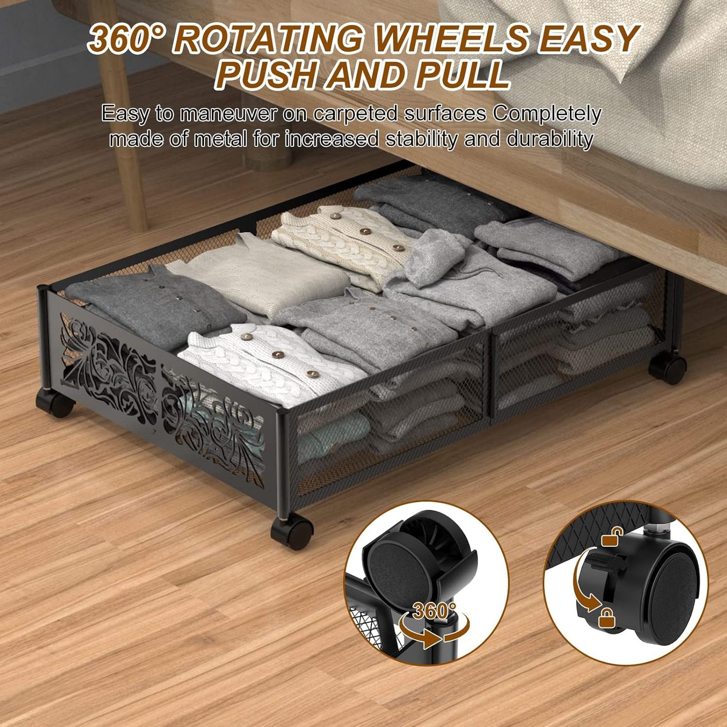 Sturdy Foldable Under Bed Shoe Storage Organizer Tool-free Assembly Metal Under Bed Storage Containers with Wheels