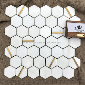 Dougbuild Luxurious Interior Hexagon Peel Stick Stone White Marble With Brass Mosaic Tile