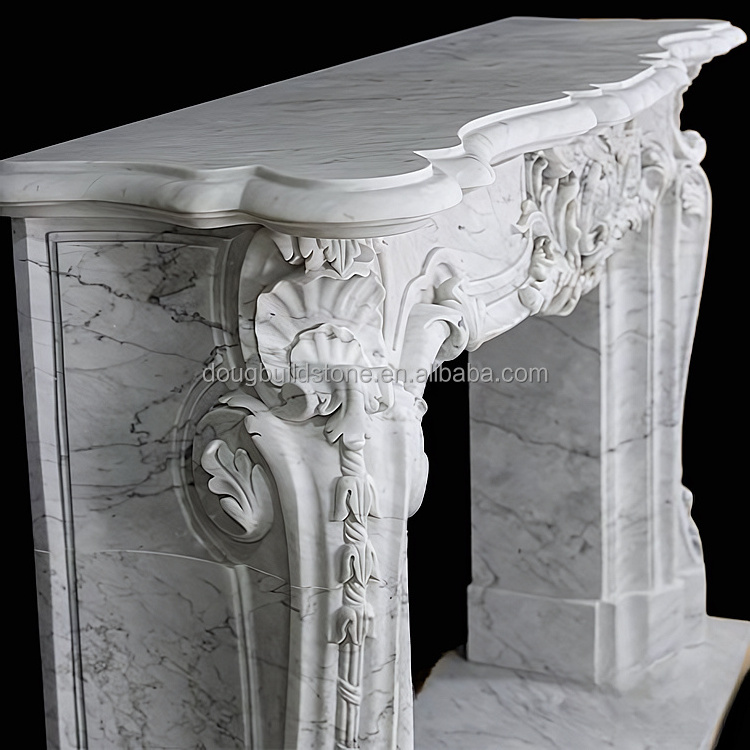 Dougbuild French Design White Carrara Marble Fireplace Mantle Carved Stone  Wall Panel Indoor Decoration Wall Fireplace