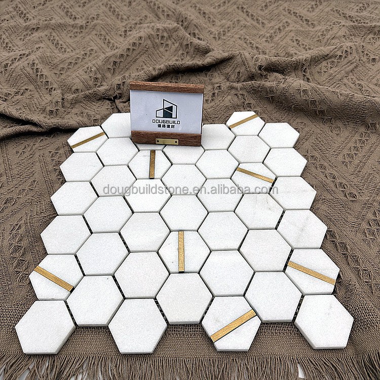 Dougbuild Luxurious Interior Hexagon Peel Stick Stone White Marble With Brass Mosaic Tile