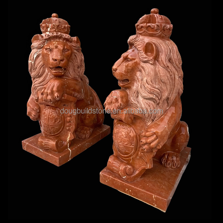 Dougbuild High Quality Hand-Carving Decorative Red Marble Stone Lion Status Marble Sculpture