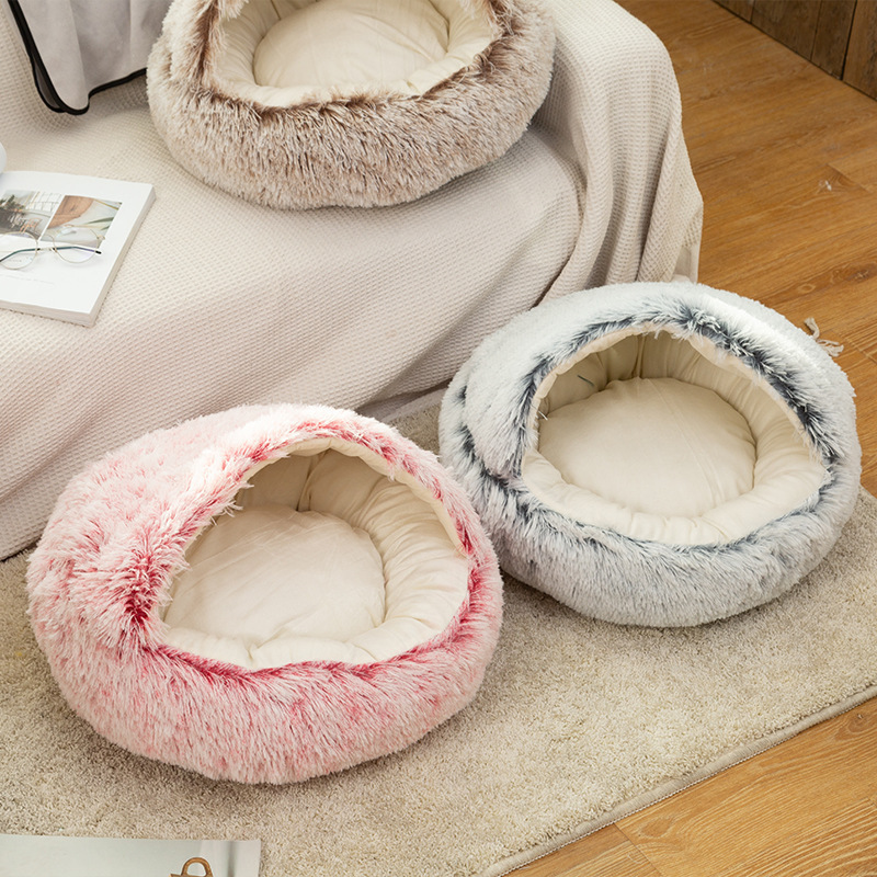 RTS Winter Long Plush Pet Cat Bed Round Cushion Cat House 2 In 1 Warm Cats Basket Designer Dog Bed Sleep Bag Nest For Small Dog