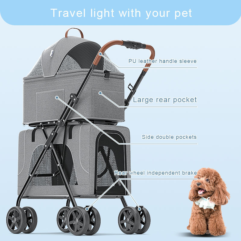 Bello Double Decker Pet Stroller 3 in 1 Pet Carriers & Travel Products Folding Trolleys with Removable Carrier