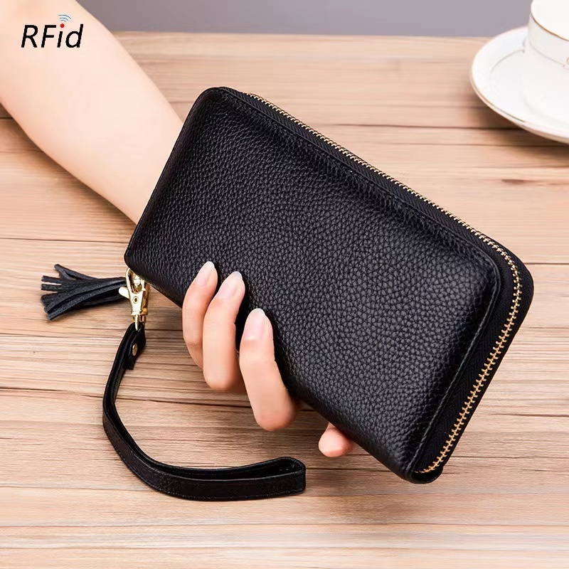 Genuine Leather Women's Bag RFID Fringe Pendant Top Layer Cowhide Wallet Fashion Multi-Color Large-Capacity Wallet Ladies Purse