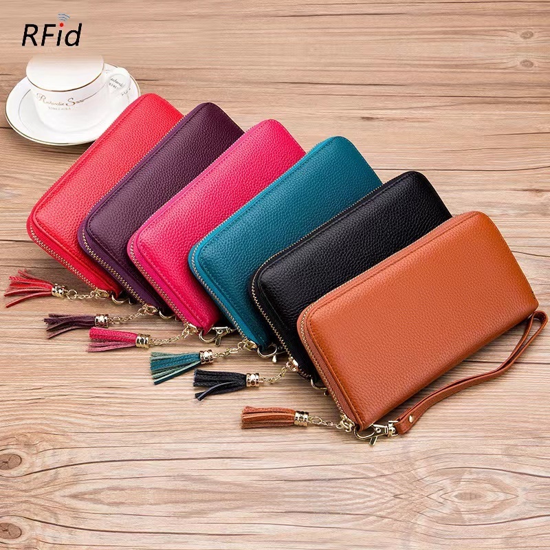 Genuine Leather Women's Bag RFID Fringe Pendant Top Layer Cowhide Wallet Fashion Multi-Color Large-Capacity Wallet Ladies Purse