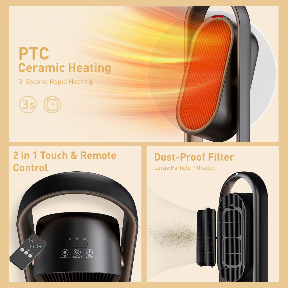 Small Travel And Desktop Tip-Over protection PTC ceramic electric room portable rotating fan heater oscillating 2000w