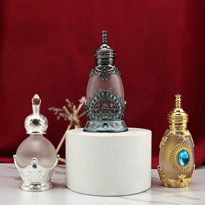 Middle East Dubai Essential Oil Bottle Crystal Perfume Bottle Electroplated Embroidery Dropper Bottle 3ml Metal Cosmetic Glass